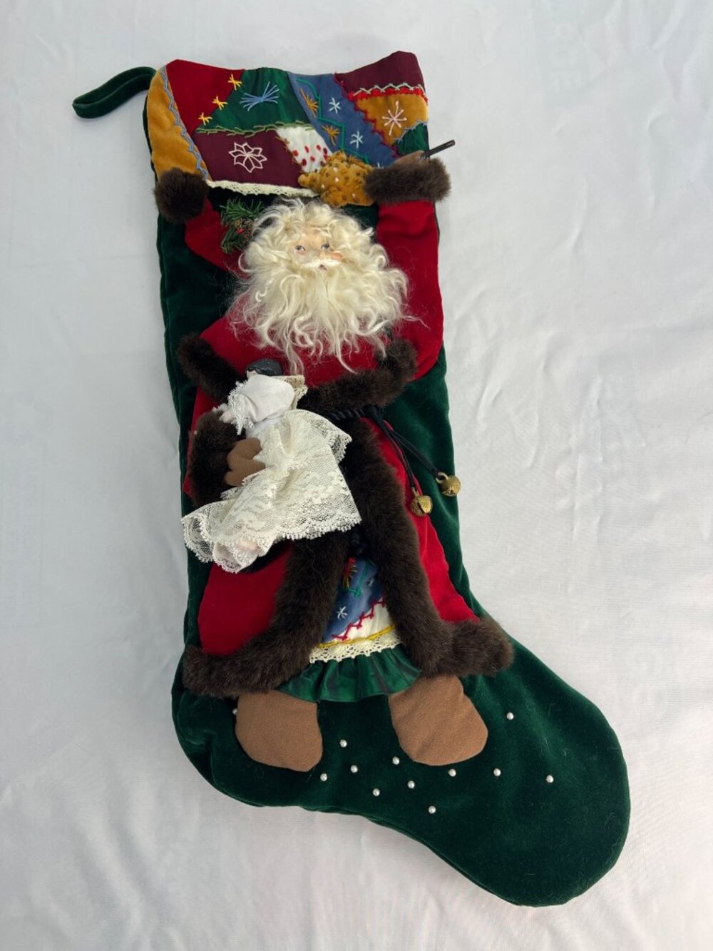 House of Hatten Santa Stocking Judie Tasch Patchwork Quilt 3D Green Velvet 24"